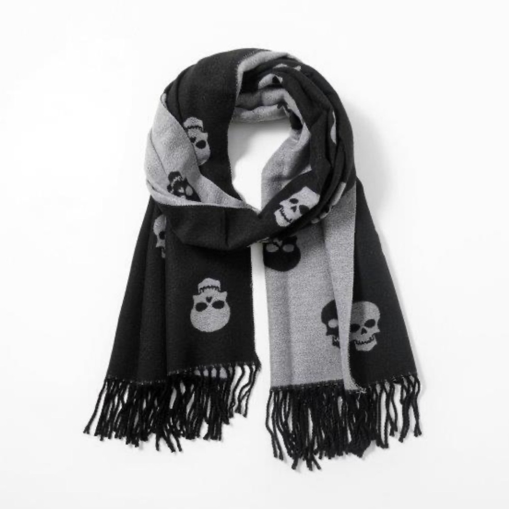 Cashmere Black and Gray Skull Pattern Scarf - Picture 4 of 7